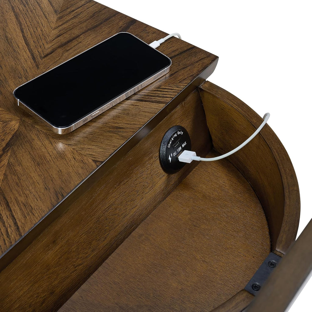 LAX Mid-Century Modern Wood Chairside End Table with USB Charging Station, Drawer and Shelf Storage. Nutmeg with Espresso Legs