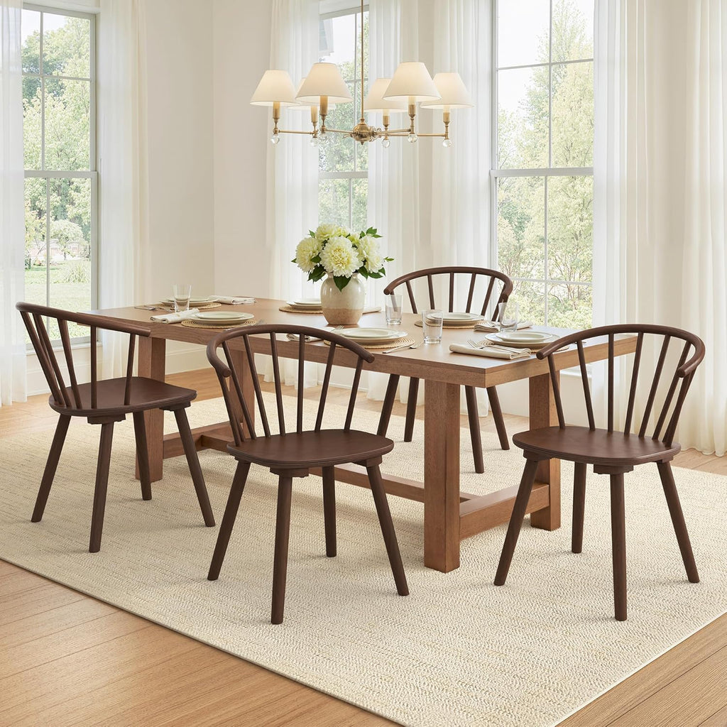 LUE BONA Walnut Dining Chairs Set of 4, Farmhouse Wood Dining Chairs with Semicircular Backrest, Spindle Dining Chair for Kitchen and Dining Room, 18 Inch