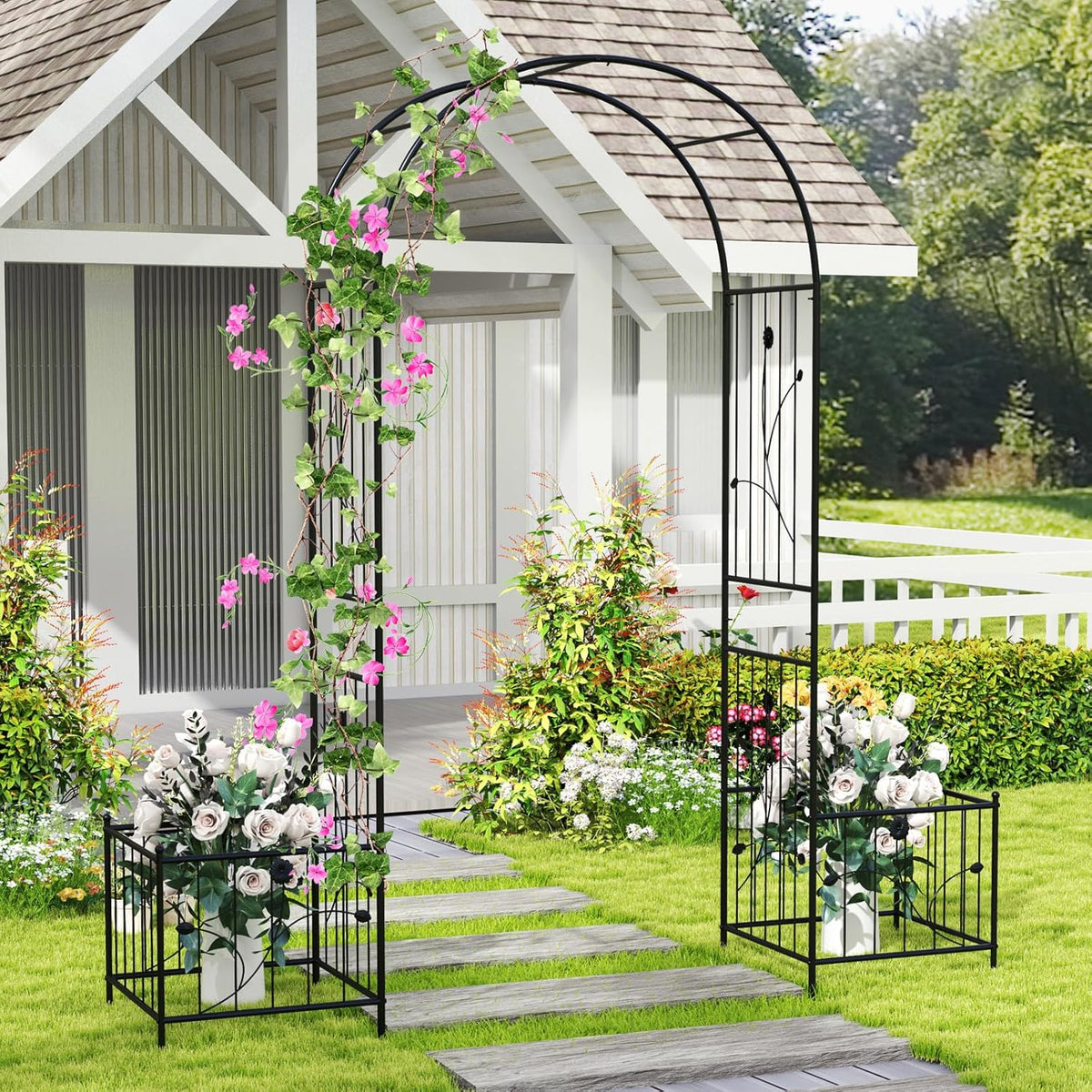 Moccha Garden Arbor with Planters - 86'' Metal Arbor Trellis for Climbing Plants, Ivy, Vines, Outdoor Archway Pergola with 8 Ground Stakes, Garden Arch for Wedding Ceremony Decoration Lawn Patio