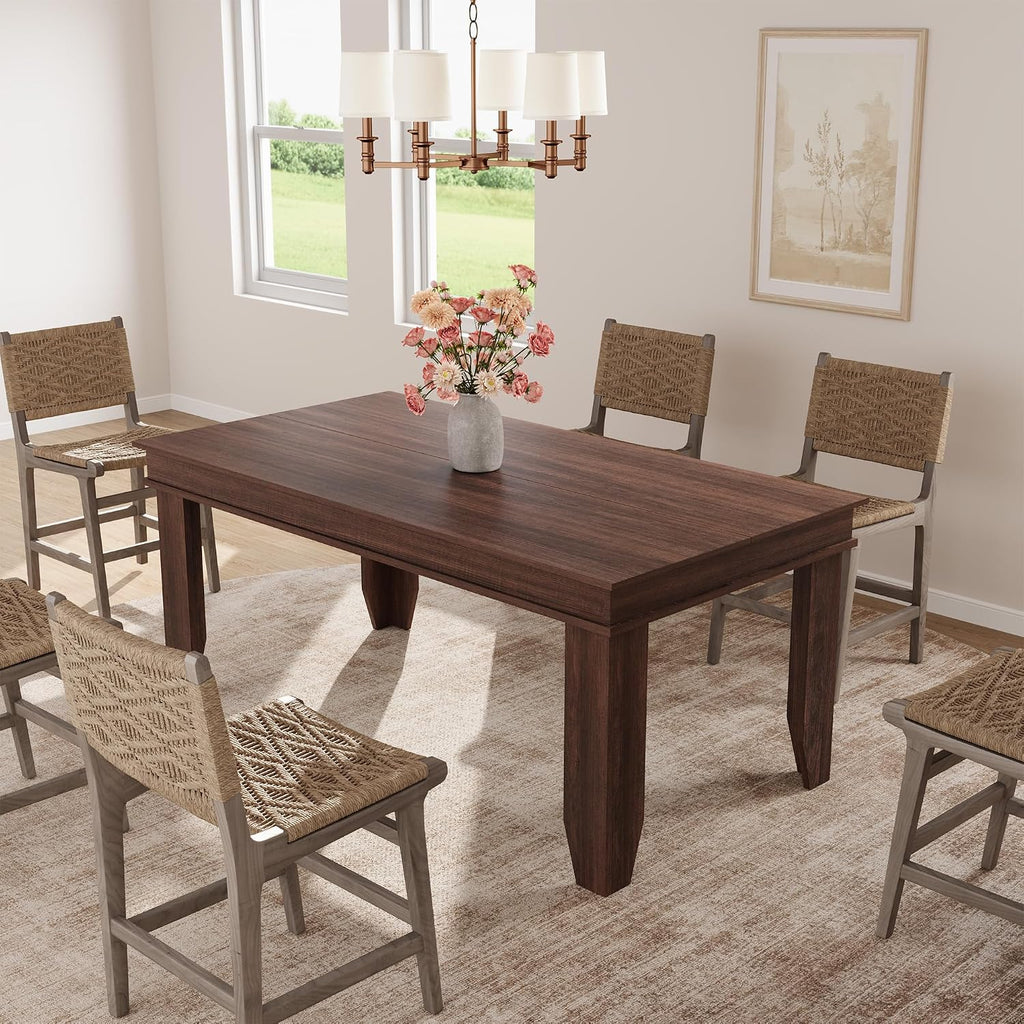 GarveeHome Farmhouse Dining Table for 4-6 People, 63 in Long Kitchen Tables with Wooden Sturdy Frame, 5 ft Large Rectangular Dinner Table for Dining Room, Kitchen, Black, Brown Non-extendable