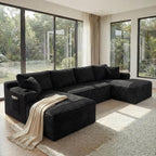 133" U-Shaped Modular Sectional Sofa, Corduroy Couch, Black | Cloud Luxury Comfort, Couches for Living Room, Storage & Cupholder, Oversized Sofa, Deep Seat, No Assembly Required