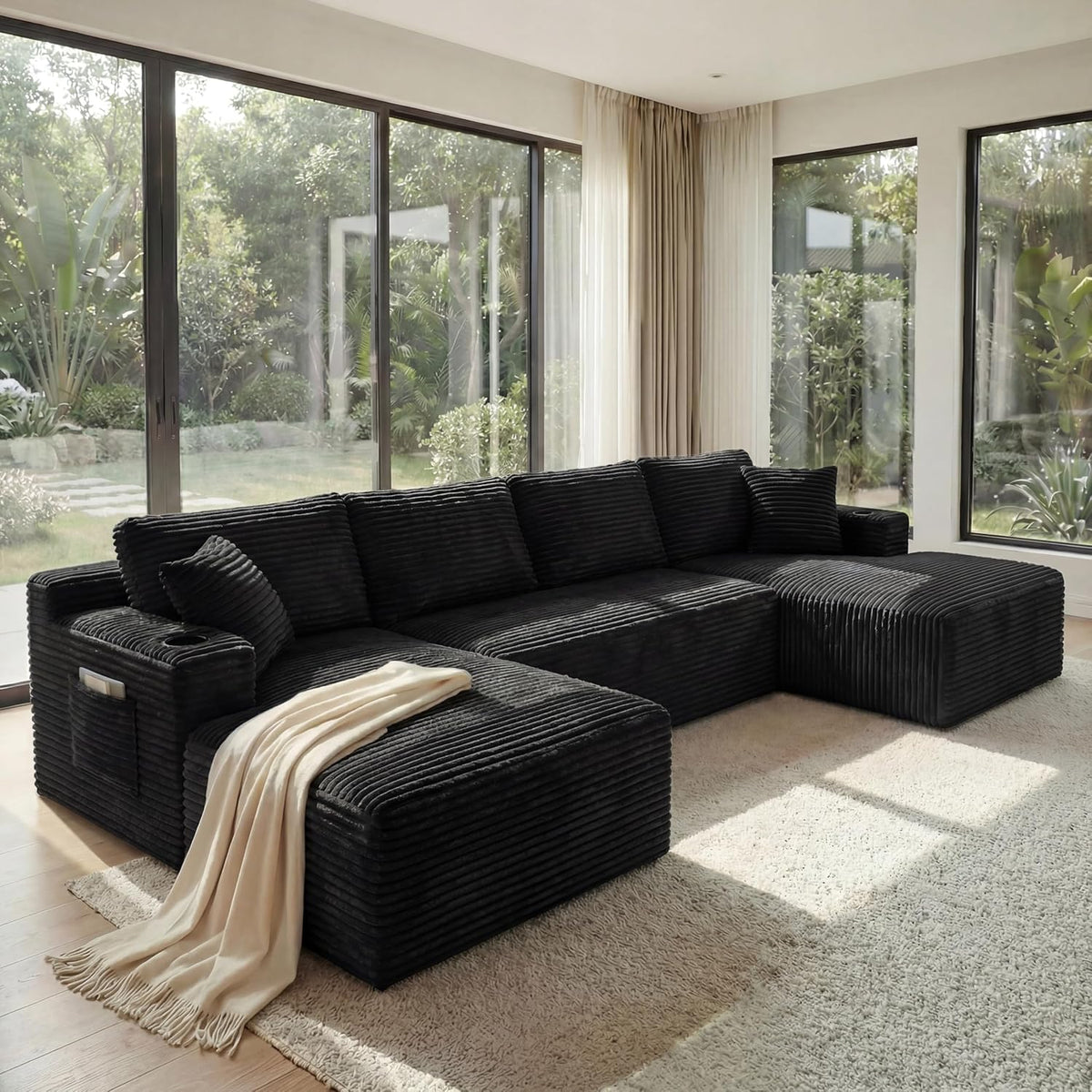 133" U-Shaped Modular Sectional Sofa, Corduroy Couch, Black | Cloud Luxury Comfort, Couches for Living Room, Storage & Cupholder, Oversized Sofa, Deep Seat, No Assembly Required