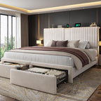 Homkdom King Bed Frame,51.3" Tall Velvet Storage Headboard,2 Drawers,Beige