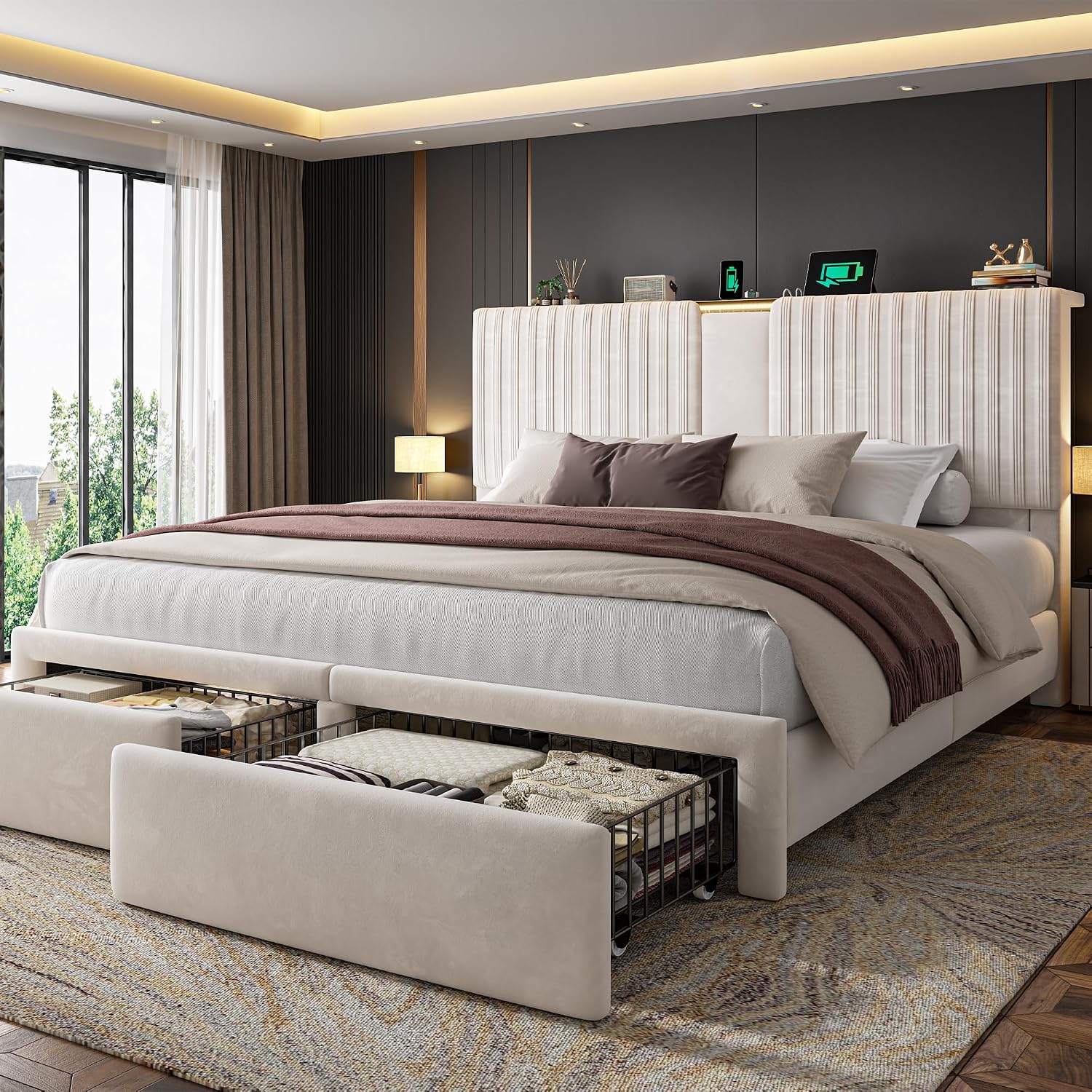 Homkdom King Bed Frame,51.3" Tall Velvet Storage Headboard,2 Drawers,Beige