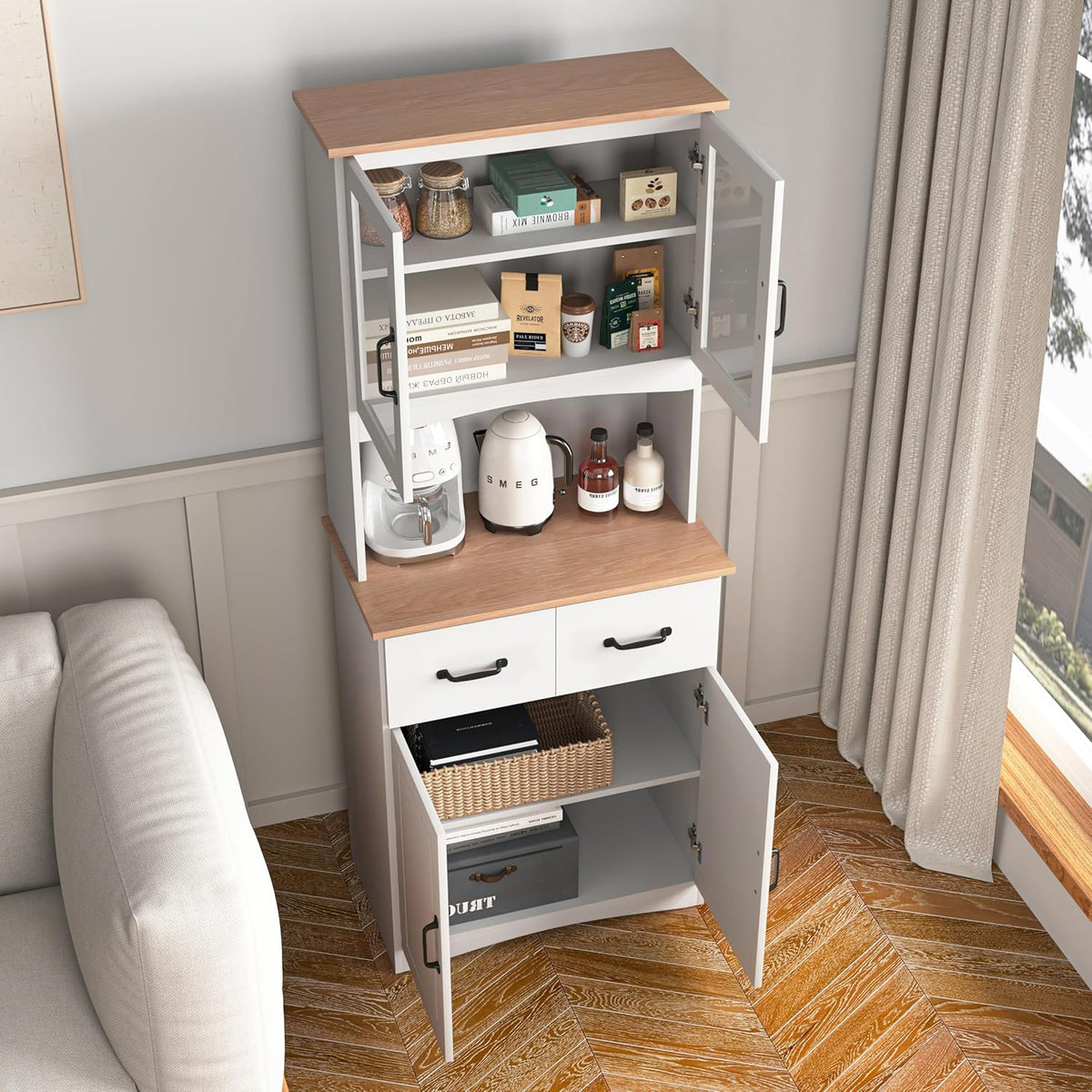 66.9'' Kitchen Pantry Cabinet, White Pantry Storage Microwave Cabinet with Glass Doors, Adjustable Shelves, Drawer, Freestanding Larder Cupboard for Kitchen, Dining Room