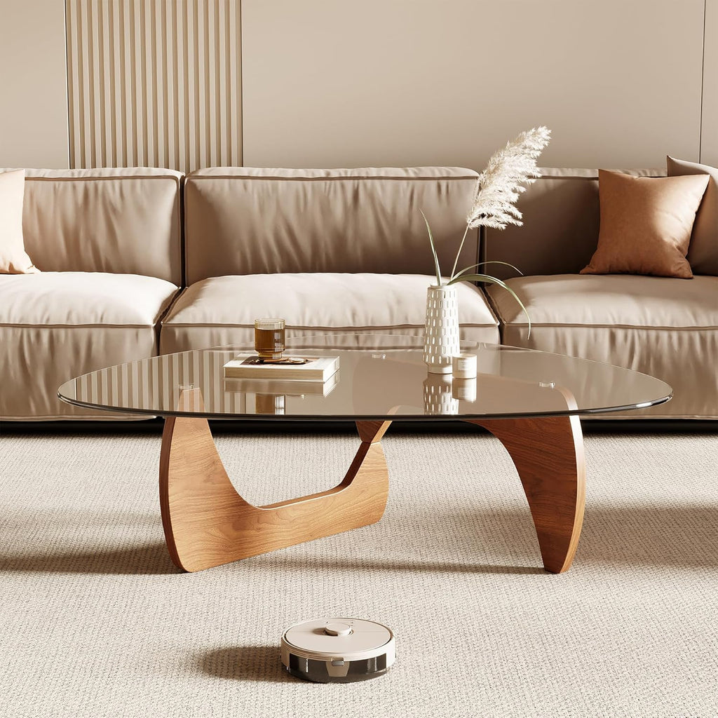Honyee Morden Coffee Table, 42.5" x 28.5" x 16.1" Triangle Tempered Glass Top for Living Room, Color: Natural Wood