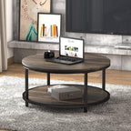NSdirect 36 inches Round Coffee Table, Rustic Wooden Surface Top & Sturdy Metal Legs Industrial Sofa Table for Living Room Modern Design Home Furniture with Storage Open Shelf(Rustic Brown)