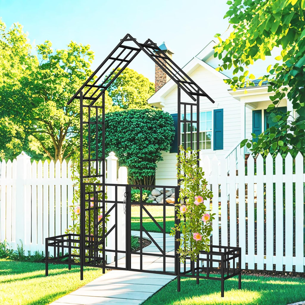 Metal Garden Arbor Arch with Gate and Plant Box, 97“ H Garden Trellis Wedding Arch Party Decoration for Outdoor Lawn Climbing Plants Support Roses Vines (Black Line)