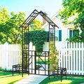 Metal Garden Arbor Arch with Gate and Plant Box, 97“ H Garden Trellis Wedding Arch Party Decoration for Outdoor Lawn Climbing Plants Support Roses Vines (Black Line)