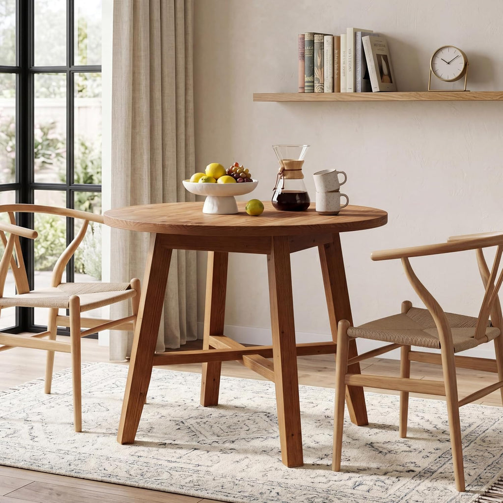 Solid Wood Round Dining Table for 2-4, 31.5-Inch Farmhouse Small Kitchen Table for Dining Room, Kitchen, or Small Spaces (Brown)
