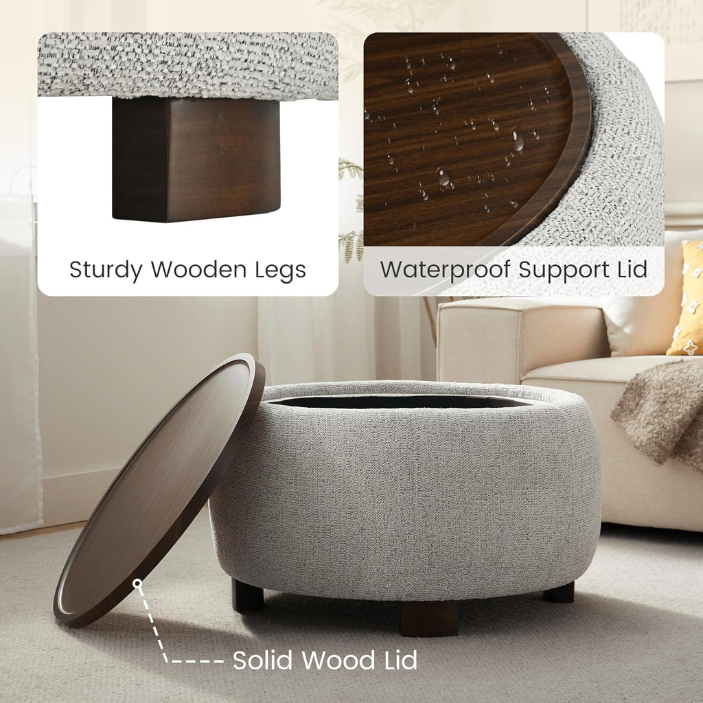 VKNOW 30" Round Storage Ottoman, Ottoman Coffee Table with Removable Wood Top and Solid Wood Legs for Living Room, Bedroom, Apartments (Beige)