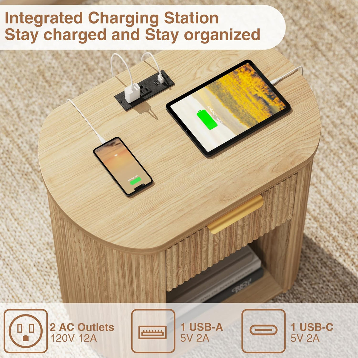 Fluted Nightstand with Charging Station 23.6" Large Round Bedside Table Oak
