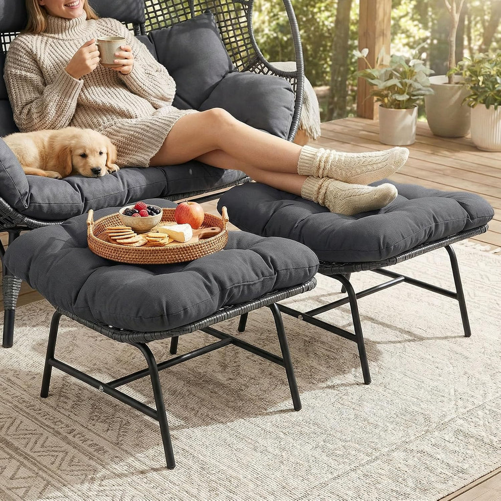 BULEXYARD 2 Pieces Outdoor Patio Ottomans, Multipurpose All Weather PE Rattan Ottoman Set, Indoor Outdoor Wicker Footrest with Removable Thicken Padded Cushions (Grey)