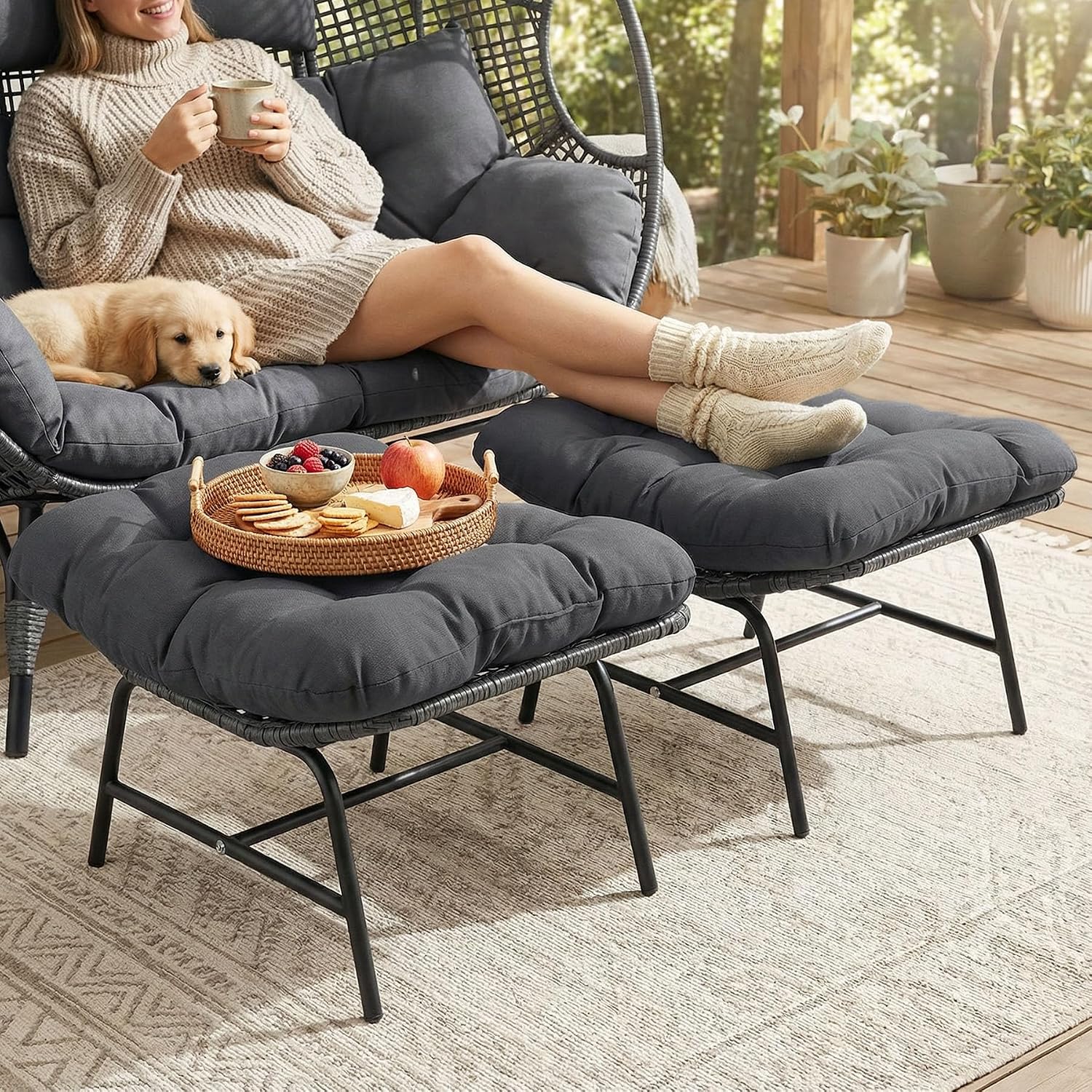 BULEXYARD 2 Pieces Outdoor Patio Ottomans, Multipurpose All Weather PE Rattan Ottoman Set, Indoor Outdoor Wicker Footrest with Removable Thicken Padded Cushions (Grey)