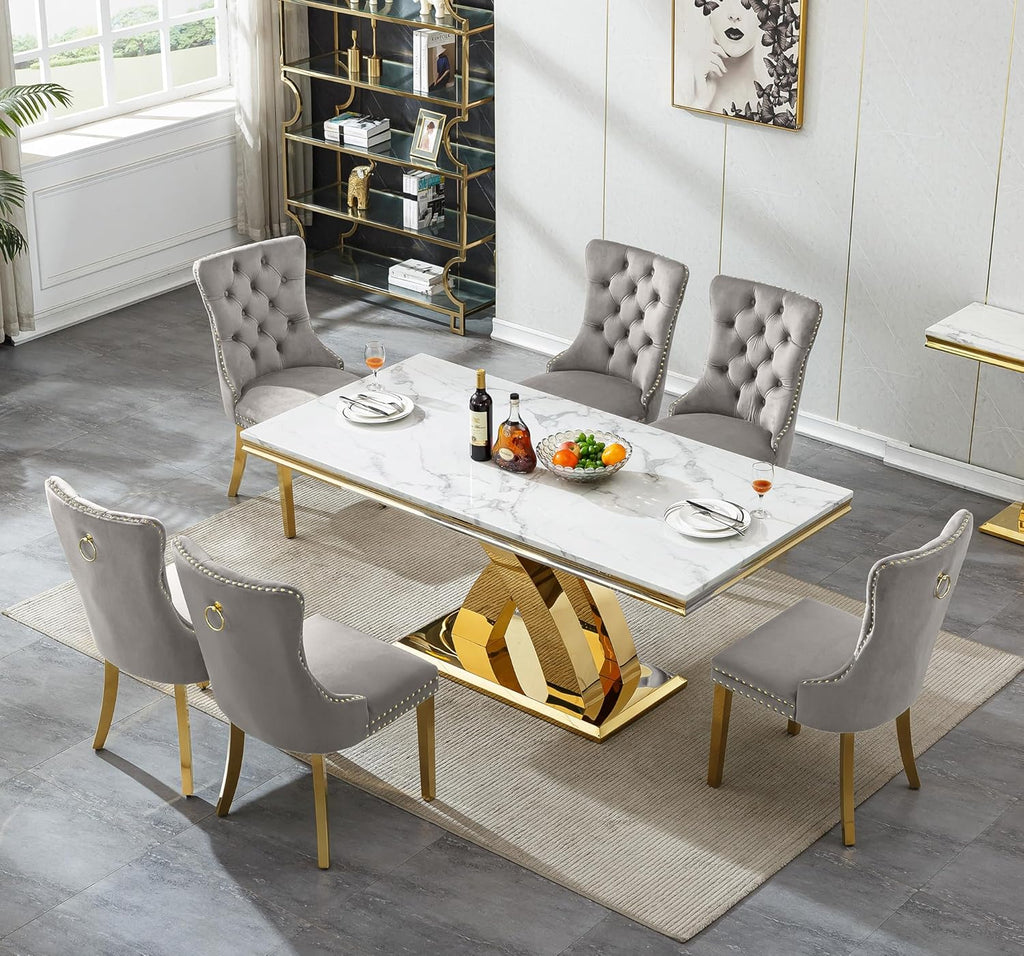 Modern Marble Dining Table for 6-8, 68" Faux Marble Kitchen Table with Gold X-Shape Stainless Steel Base,Luxury Rectangular White Marble Dining Room Table for Home Office Kitchen Dining Room
