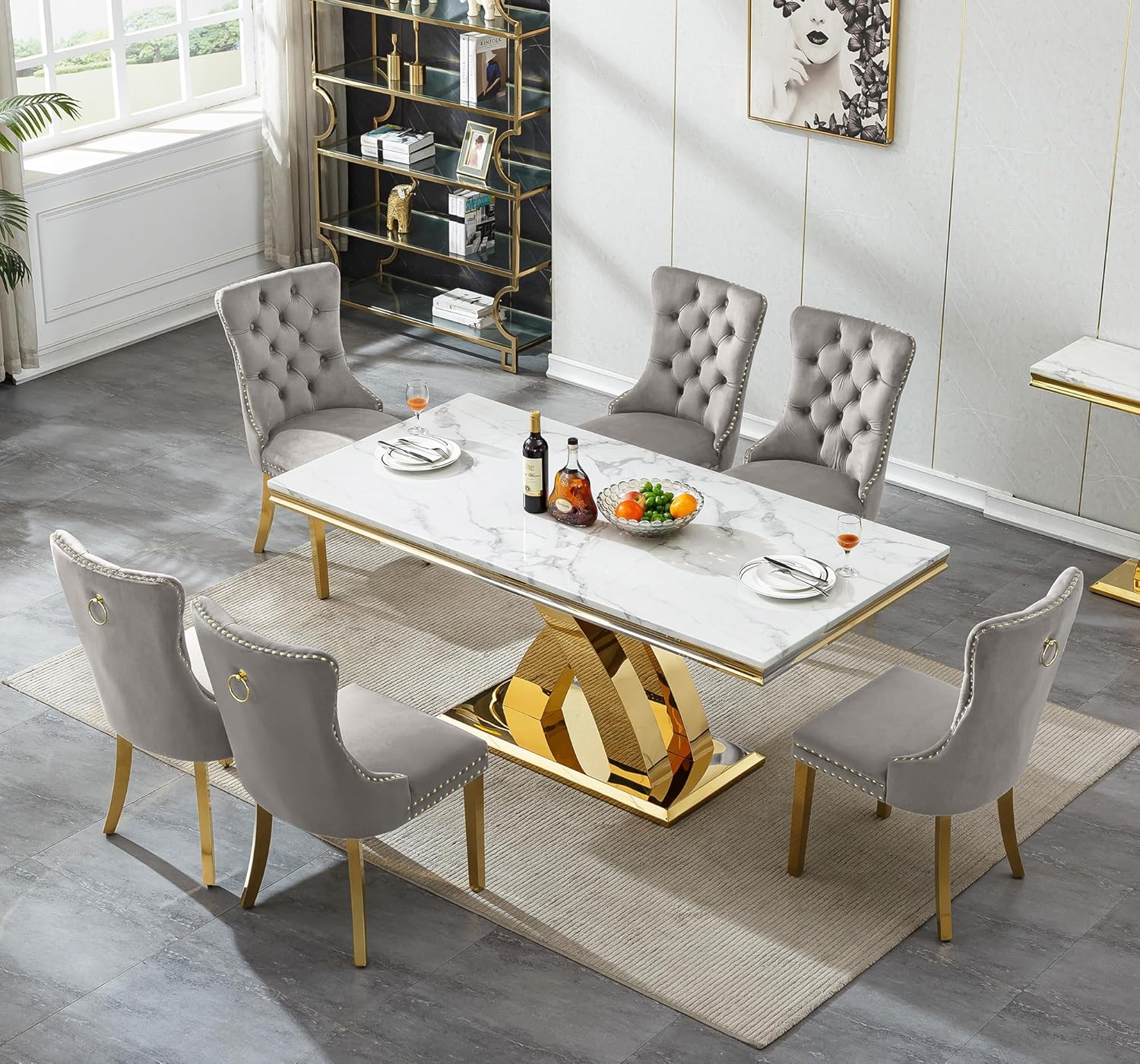 Modern Marble Dining Table for 6-8, 68" Faux Marble Kitchen Table with Gold X-Shape Stainless Steel Base,Luxury Rectangular White Marble Dining Room Table for Home Office Kitchen Dining Room