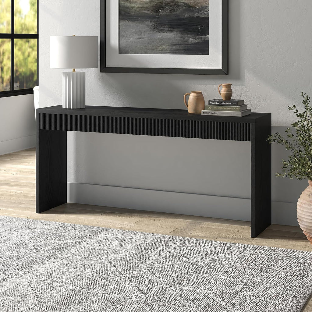 Henn&Hart 64" Rectangular Fluted Console Table, Ribbed Entryway Table, Sofa Table for Entryway, Living Room, Couch, Hallway, or Office, Natural Black