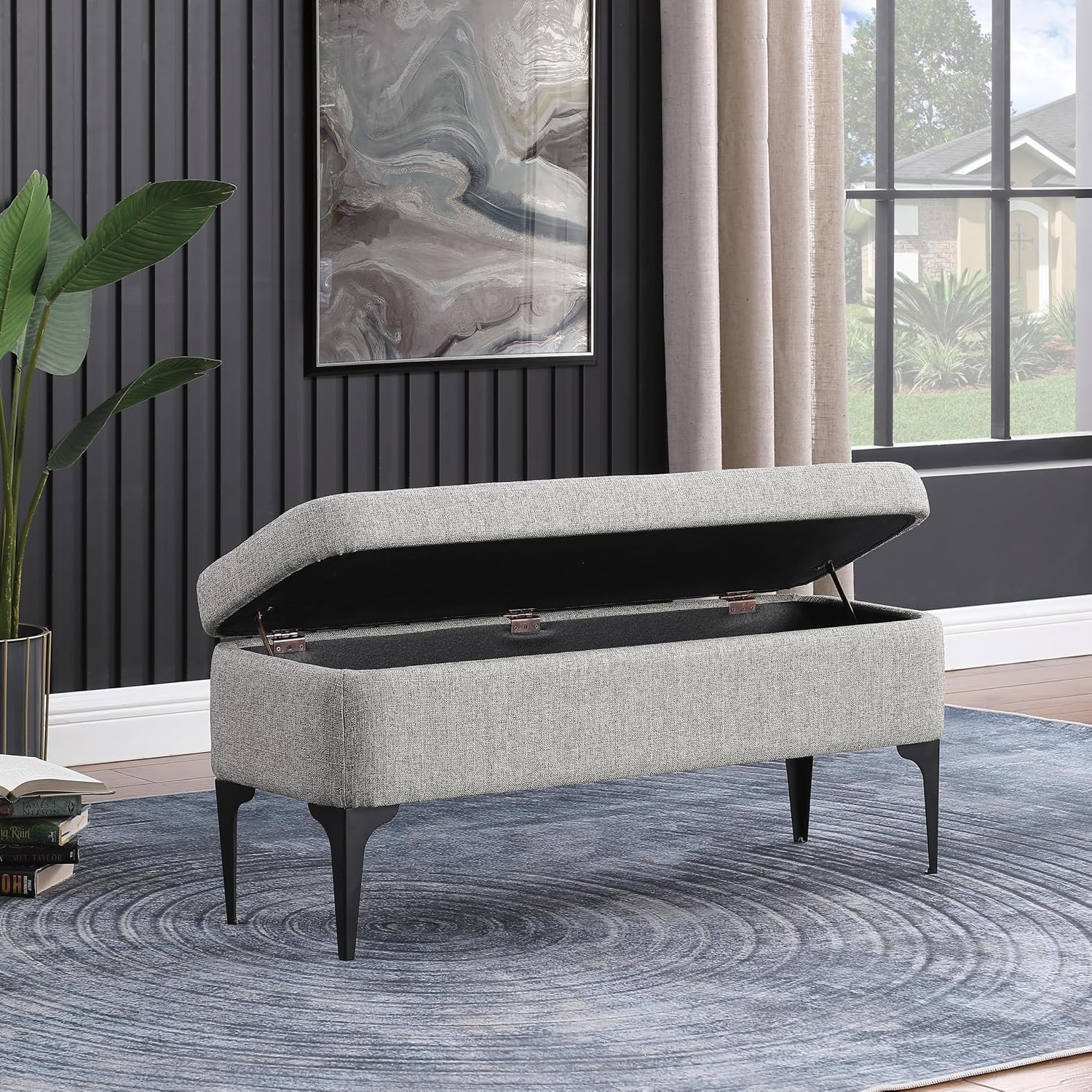 HomePop Upholstered Storage Bench with Metal Leg, 42" W, Cool Gray Woven