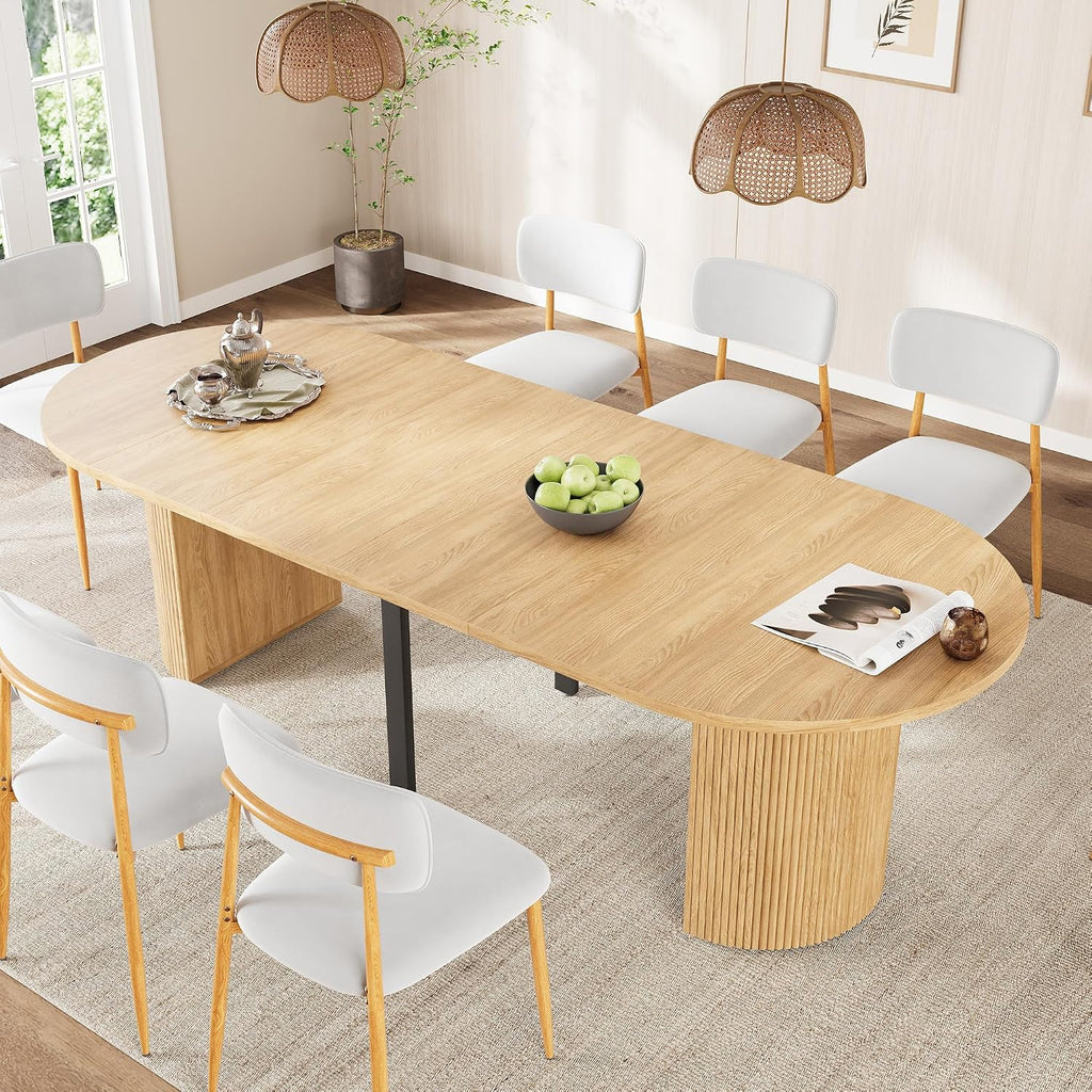 weselon 42"-105" Extendable Dining Table for 4-12, Expandable Oval Dining Room Table with Fluted Pedestal Base & Reinforced Metal Support Leg, Large Modern Kitchen Table for Dining Room (Natural)