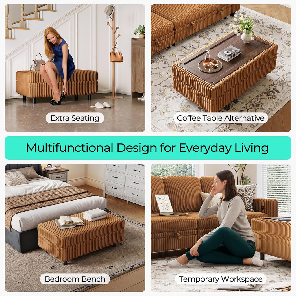 LINSY HOME Sectional Sleeper Sofa Storage Ottoman Bench, Convertible Coffee Table Plush Corduroy Couch Ottoman Footstool for Living Room, Bedroom Entryway and Family Room, Brown
