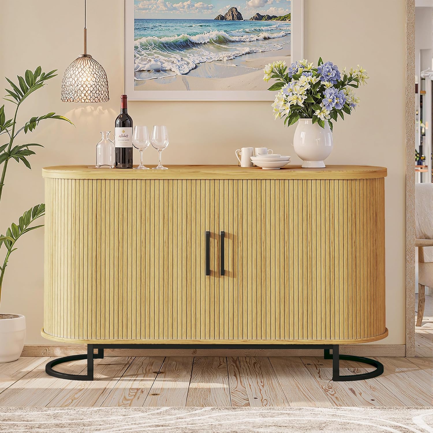 HUAHUU Sideboard Buffet Cabinet with Storage, 47.2" Fluted Storage Cabinet with Sliding Door & Adjustable Shelf, Modern Accent Coffee Bar Console Cabinet for Living Room Kitchen, Natural Oak
