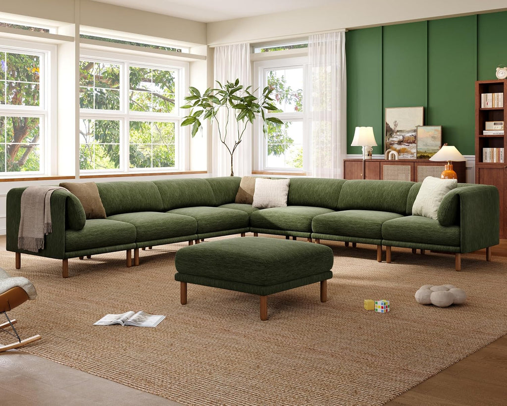 Cloud Sectional Couches for Living Room,Modular Sectional Sofa,Green | Extra Deep 8 Seater,Mid Century Modern Oversized Couches With Ottoman,Solid Wood Leg,Large Sofa for Big Space,Office
