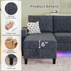 Sectional Couches for Living Room, 6-Seats Soft Linen Fabric Sectional Sofa with Storage Ottoman, Modern Convertible U/L Shaped Couch with Smart Charging Module/LED Light/Music Sync (Blue)