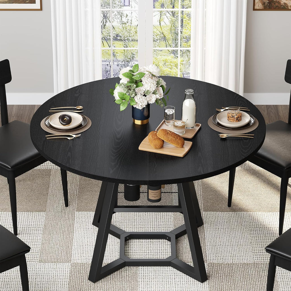 knoworld Round Dining Table for 4, Kitchen Tables Dining Room Circle Dinner Table with Pedestal Metal Frame, Space Saving Wood Industrial Kitchen & Dining Room Tables, Black 43In