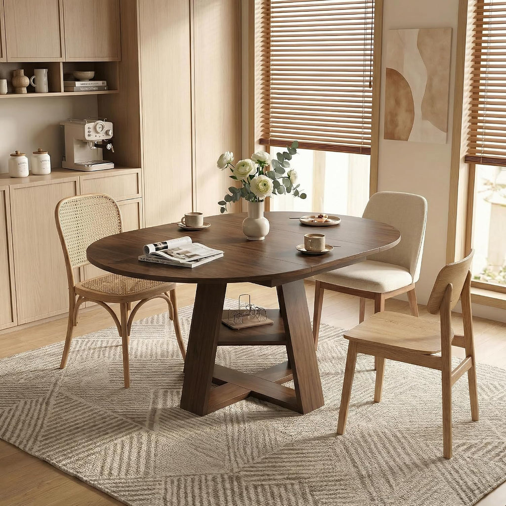 43.3-59" Extendable Round Dining Table, Modern Oval Kitchen Table with Removable Leaves, Wooden Base with Storage Shelf, Space Saving Dining Table for Kitchen Living Room Apartment Small Space, Walnut