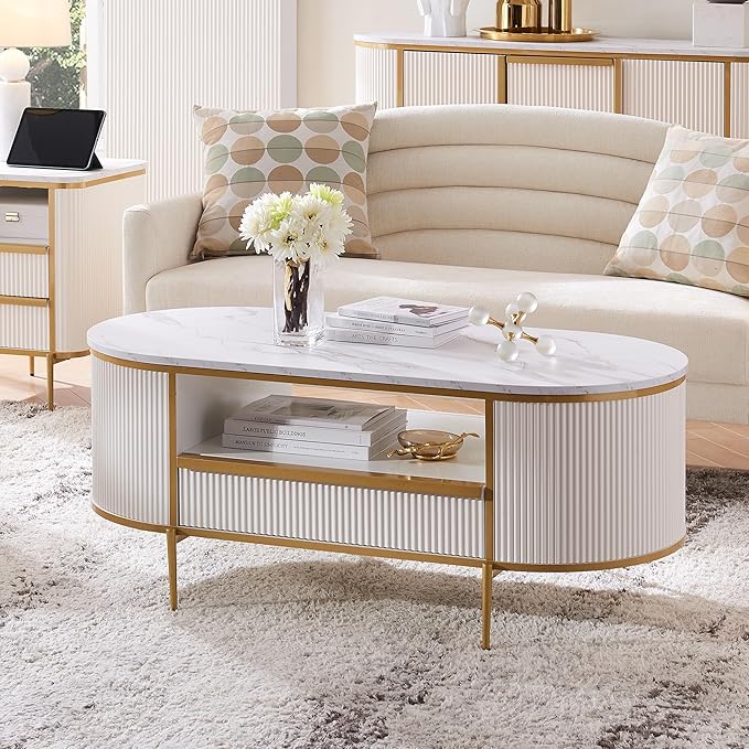 OKD Modern Luxury Fluted Coffee Table, 48" Oval Coffee Table with Drawer, Faux Marble Top, Curved Profile Design, Gold Metal Decor, Center Table for Living Room, Off White
