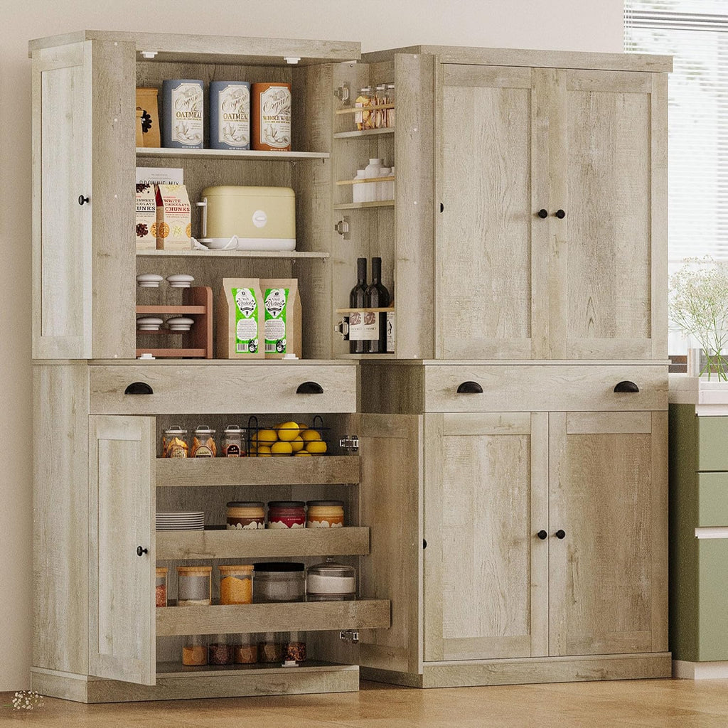 IRONCK Kitchen Pantry Cabinet 72" Height, Freestanding Cupboard with Drawer, Sliding Storage Rack, and 6 Hanging Shelves for Dining Room, Laundry, Rustic Maple
