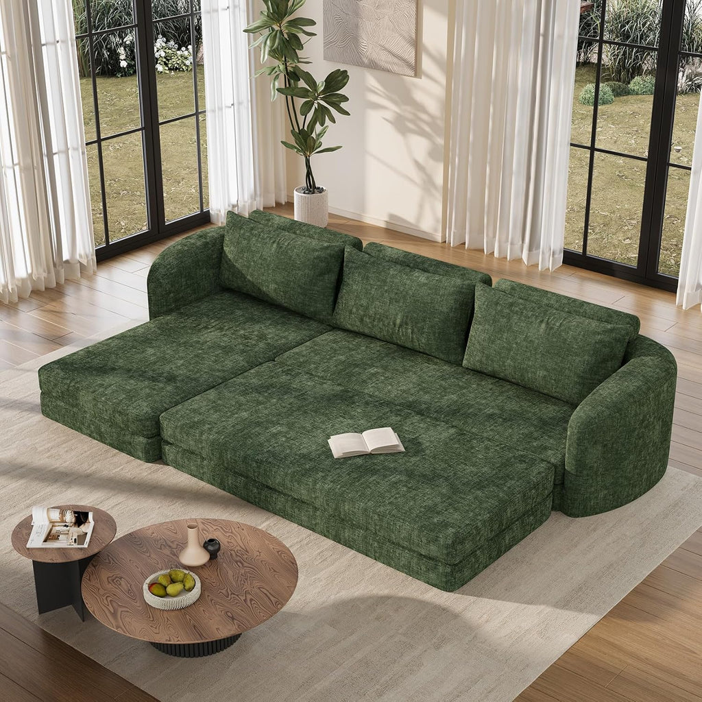 Vesgantti 110.2" Modular Sectional Sofa with Curved Armrest, 6 in 1 Convertible Folding Sleeper Sofa Bed, Chenille Couch for Living Room, No Assembly Required, Green, Left Facing Chaise