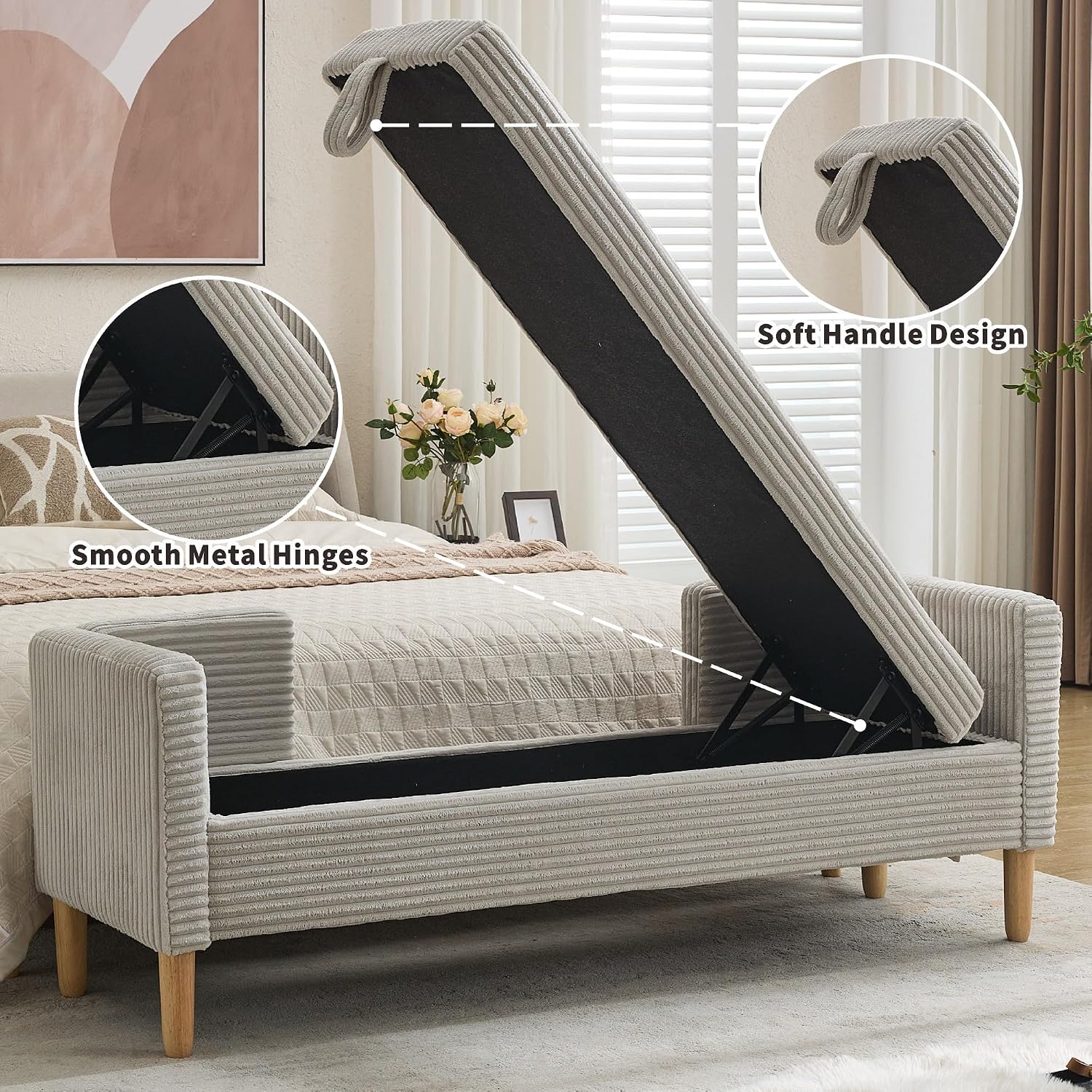 Chifee & Vingol 65.35" W Ottoman with Storage Bench for Bedroom End of Bed with Removable Pillows Upholstered Storage Ottoman Bench for Bedroom Living Room Hallway,Light Gray