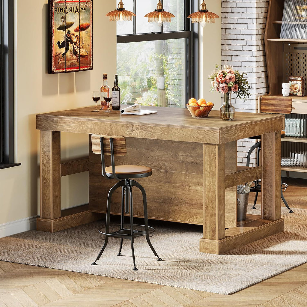 Tribesigns 55" Kitchen Island with Seating and Storage, 3-Tier, Farmhouse | Wood Stationary Island Table with Large Worktop & Legroom, Sturdy Coffee Bar Table with Storage Shelf for Kitchen, Brown
