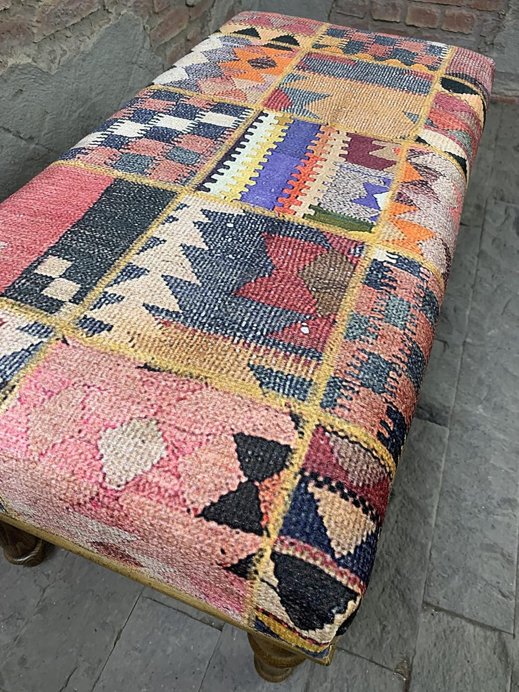 Rug Ottoman Bench, Upholstered Bench, Patchwork Bench, Bohemian Bench, Piano Bench, Entry Bench, Handmade Bench, Wood Bench, Bedroom Bench, Kitchen Bench, Dining Bench, Vintage Antique Bench
