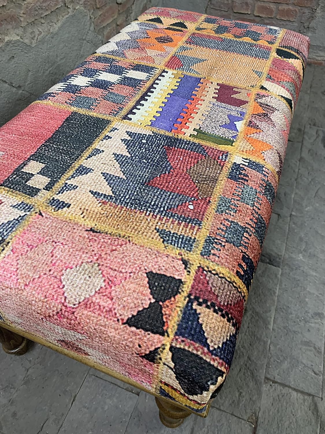 Rug Ottoman Bench, Upholstered Bench, Patchwork Bench, Bohemian Bench, Piano Bench, Entry Bench, Handmade Bench, Wood Bench, Bedroom Bench, Kitchen Bench, Dining Bench, Vintage Antique Bench
