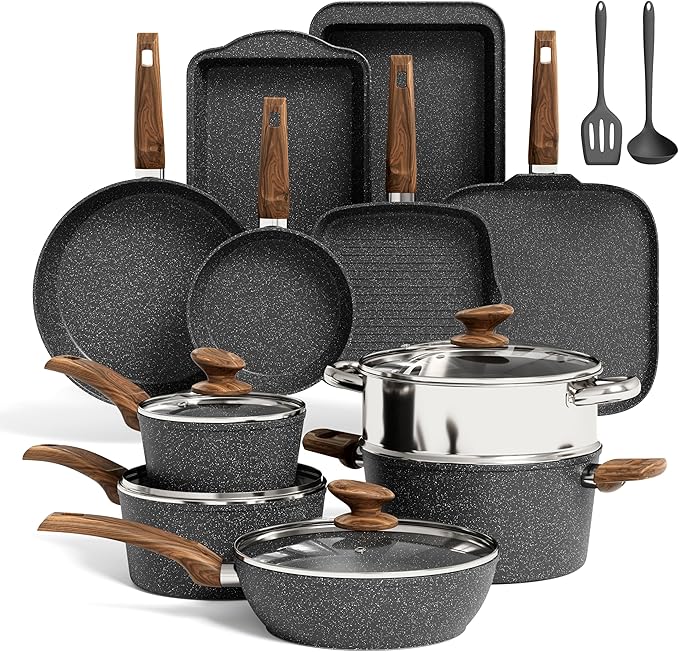 Kitchen Academy Induction Cookware Set-17 Piece Non-stick Cooking Pan Set, Black Granite Pots and Pans Set