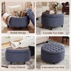 COLAMY Fabric Round Storage Ottoman with Reversible Tray Lid – Multi-Functional Footrest, Hidden Storage, Sturdy & Stylish Small Coffee Table for Living Room, Bedroom, or Entryway(Blue)