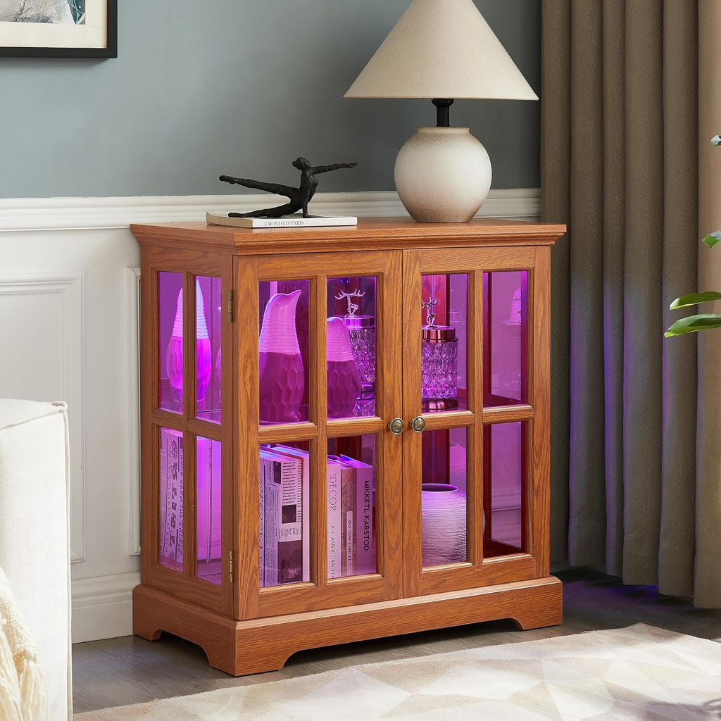 KEIKI Lighted Curio Display Cabinet with Adjustable Glass Shelves, Retro Storage Cabinet with Tempered Glass Doors, Elegant Showcase for Home Décor, Dark Oak