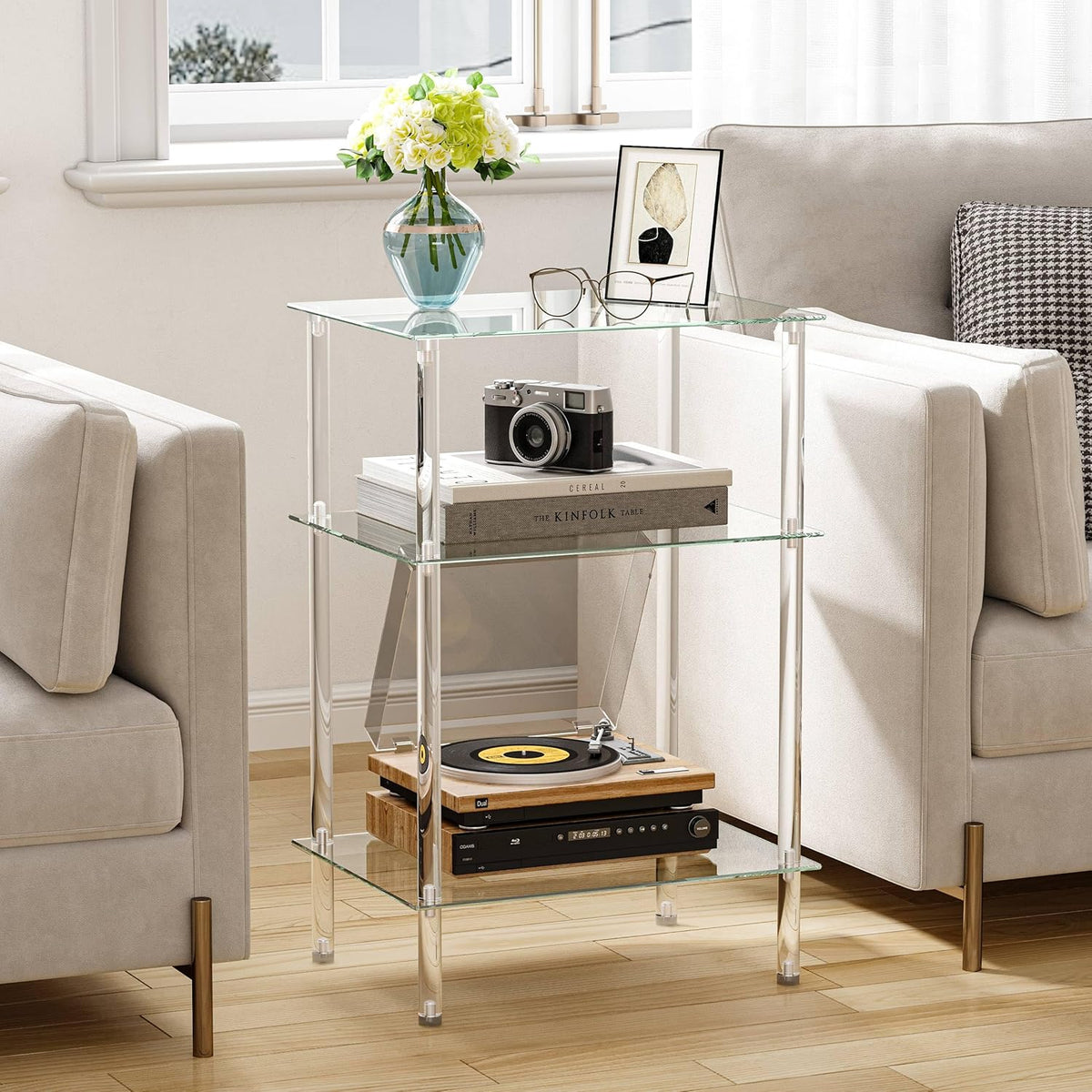 Tempered Glass Side Table, Acrylic End Table, 3-Tier Transparent Nightstand, Clear Coffee Table, for Small Spaces Living Room Bedroom Balcony Transparent LET519TR