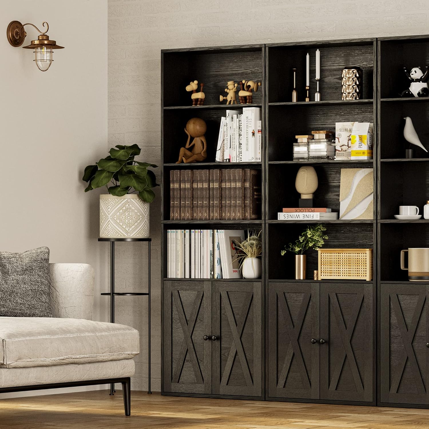 IRONCK Industrial Bookshelves and Bookcases with Doors Floor Standing 6 Shelf Display Storage Shelves 70 in Tall Bookcase for Home Office, Living Room