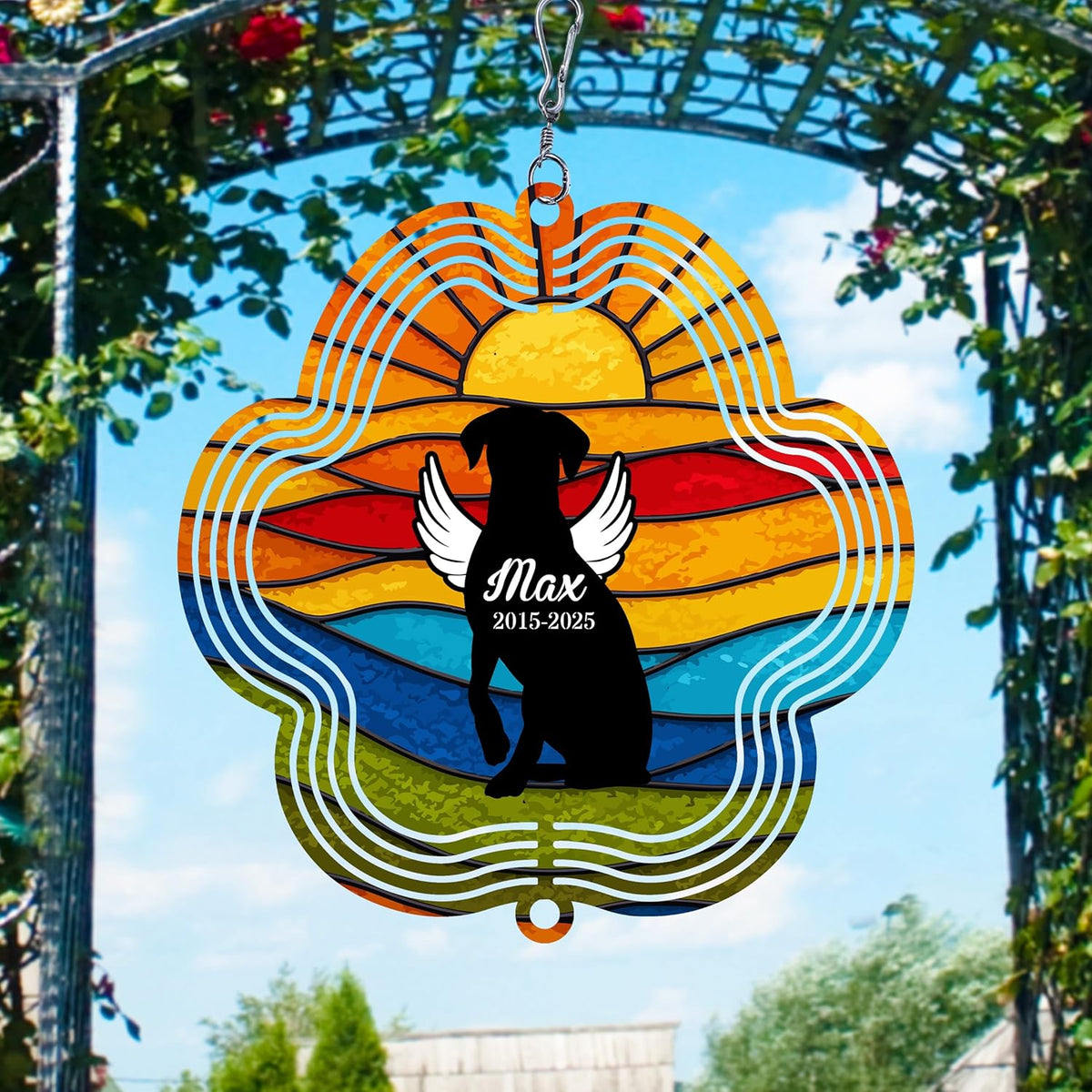 Personalized Dog Memorial Wind Spinner Metal Outdoor Art, Custom Rainbow Angel Wings 3D Kinetic Sculpture, Ornament Hanging Pet Sympathy Gifts for Dogs