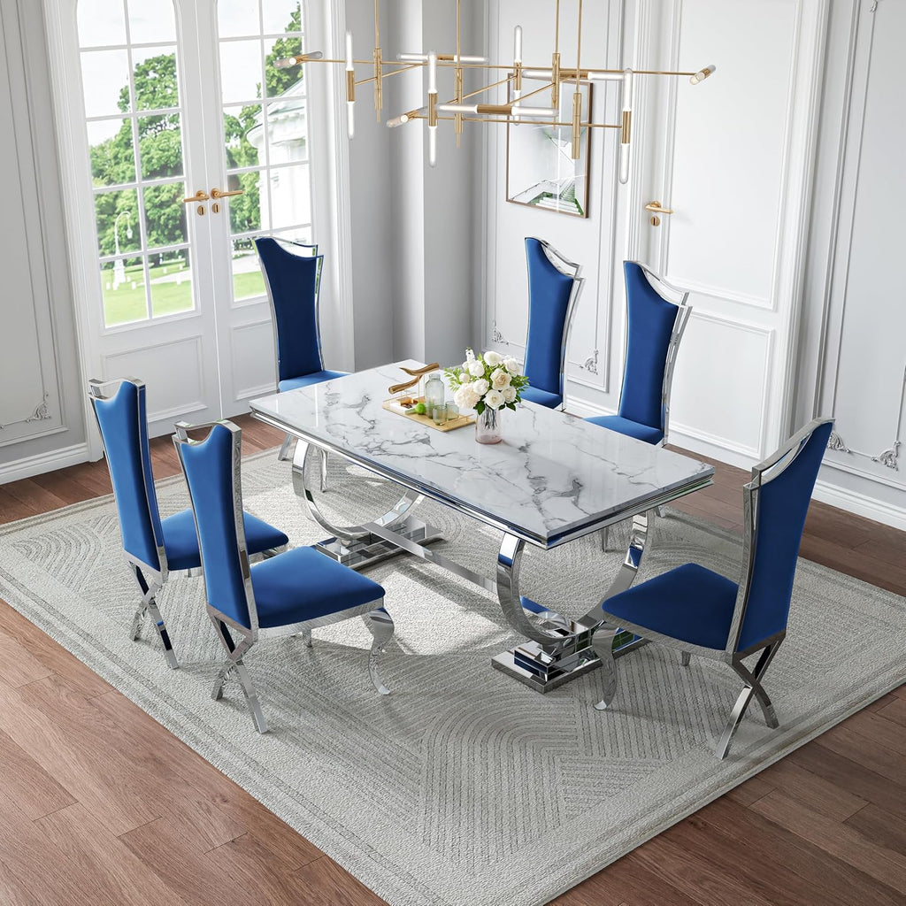 70 in Faux Marble Dining Table Set for 6, Large Kitchen Table and Blue Velvet Chairs, White Silver Modern Dinner Tables with Mirrored Stainless Steel Base, Luxury 7 Piece Dining Set