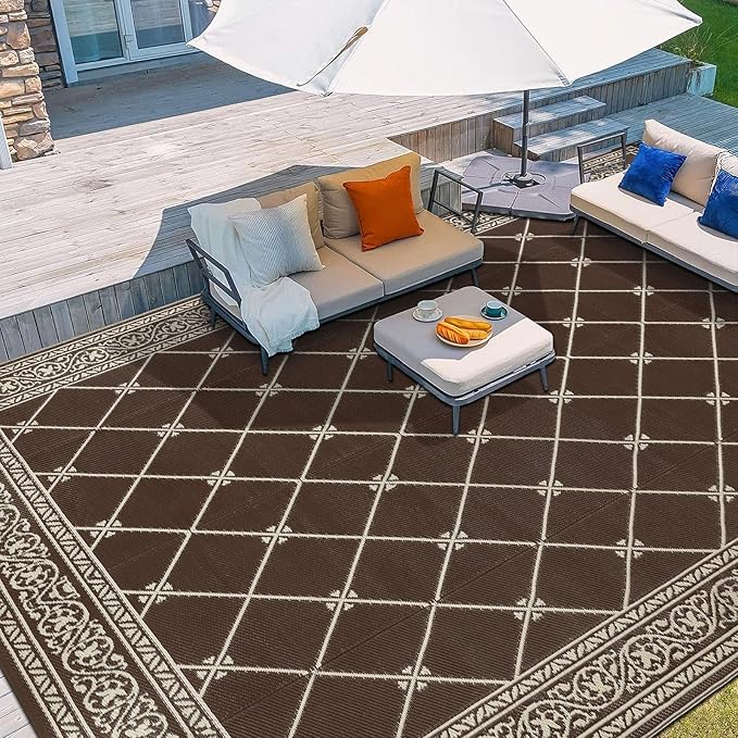 HiiARug 8x10 Outdoor Rug Outdoor Patio Rug, Reversible Waterproof Plastic Straw Rug Large Outdoor Rugs (8x10Ft, Brown)