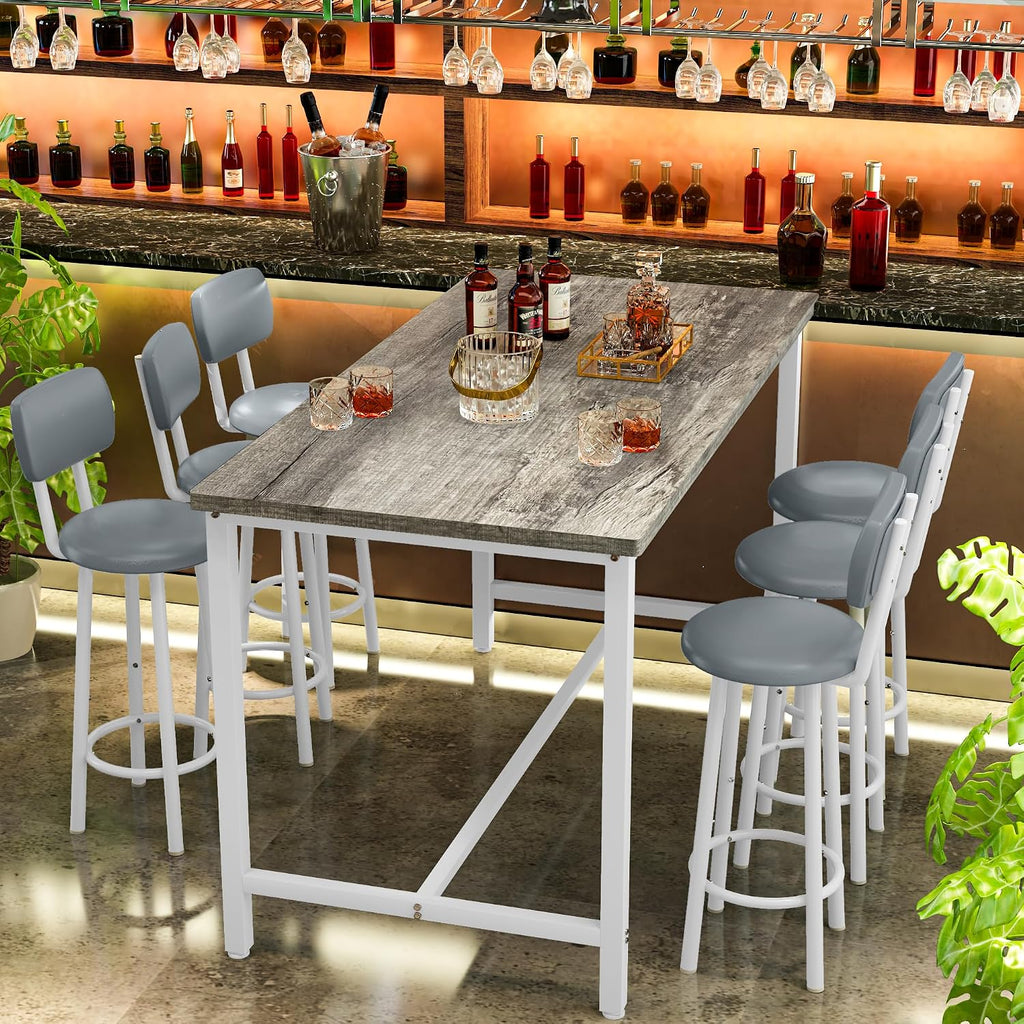 Recaceik 50" Dining Table Set for 6, 7-Piece Counter Height Bar Table Set with Upholstered Stools, Space-Saving Modern Pub Set for Kitchen, Breakfast Nook & Home Bar, Grey