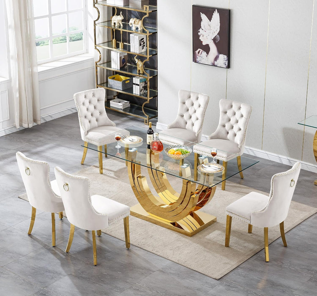 SSLine 7-Piece Gold Glass Dining Table Set for 6, Modern Luxury 70" Glass Dining Room Table with Three-Ring Shape Stainless Steel Base, Elegant Kitchen Table Set with 6 Beige Tufted Chairs