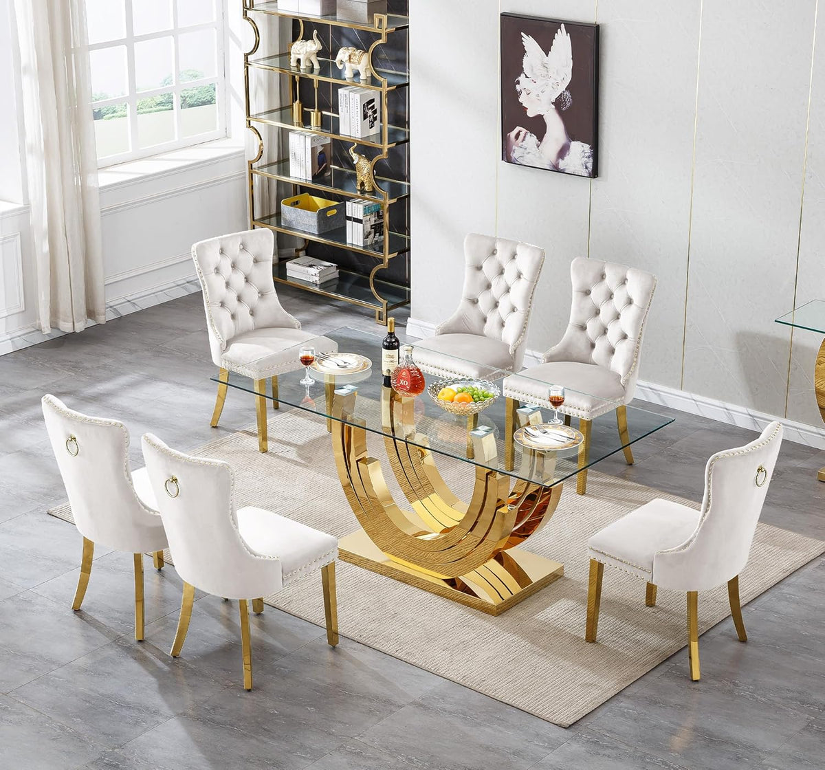 SSLine 7-Piece Gold Glass Dining Table Set for 6, Modern Luxury 70" Glass Dining Room Table with Three-Ring Shape Stainless Steel Base, Elegant Kitchen Table Set with 6 Beige Tufted Chairs