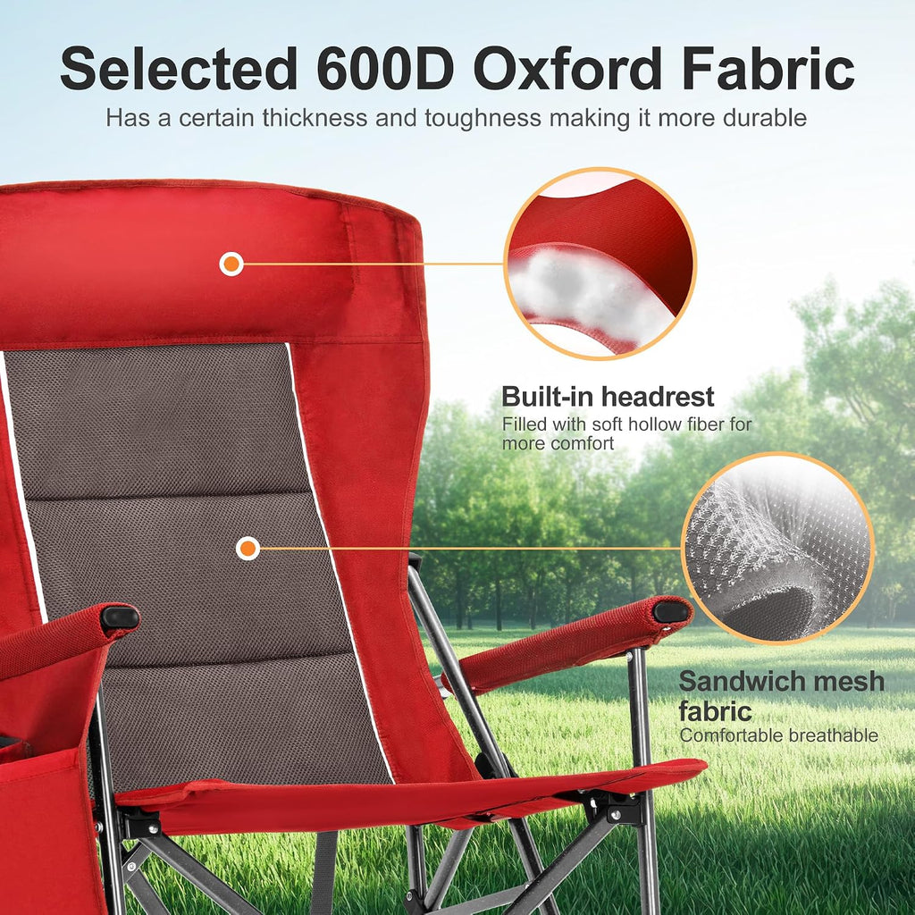LET'S CAMP Oversized 29.52" High Back Camping Chairs Heavy Duty Lawn Chair Support 500LBS, Collapsible Chair with Cup Holder, Side Pocket,2 Pack(Red)