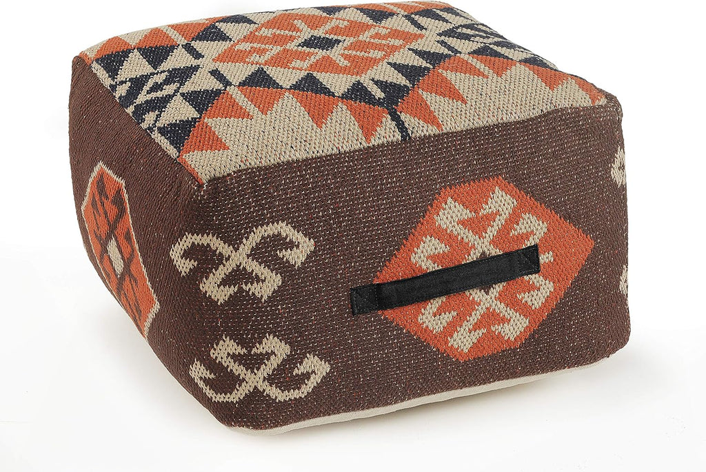L. R. Resources, Inc. LR Home Handmade Bohemian Brown/Orange Cotton Square Pouf Ottoman for Home Decor | Indoor Foot Rest for Bedroom & Living Room Decor | 18 x 18 x 12 Stuffed Ottoman for Seating