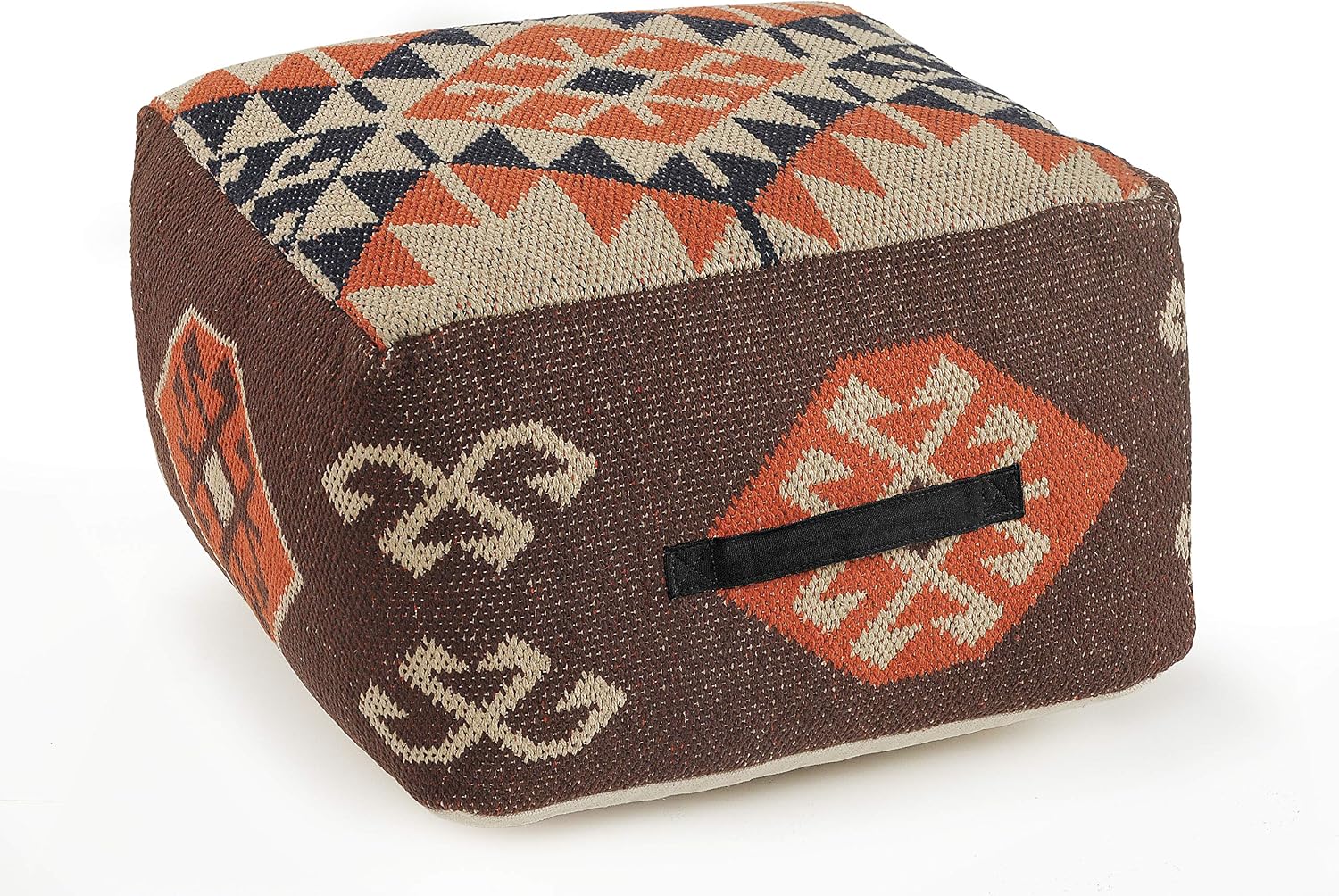 L. R. Resources, Inc. LR Home Handmade Bohemian Brown/Orange Cotton Square Pouf Ottoman for Home Decor | Indoor Foot Rest for Bedroom & Living Room Decor | 18 x 18 x 12 Stuffed Ottoman for Seating